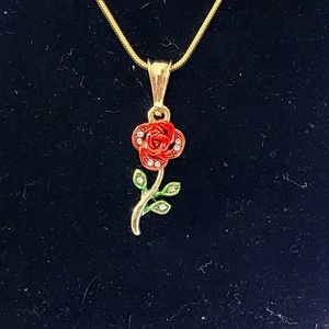 Gold Red Rose Pendant with Gold Chain Necklace New